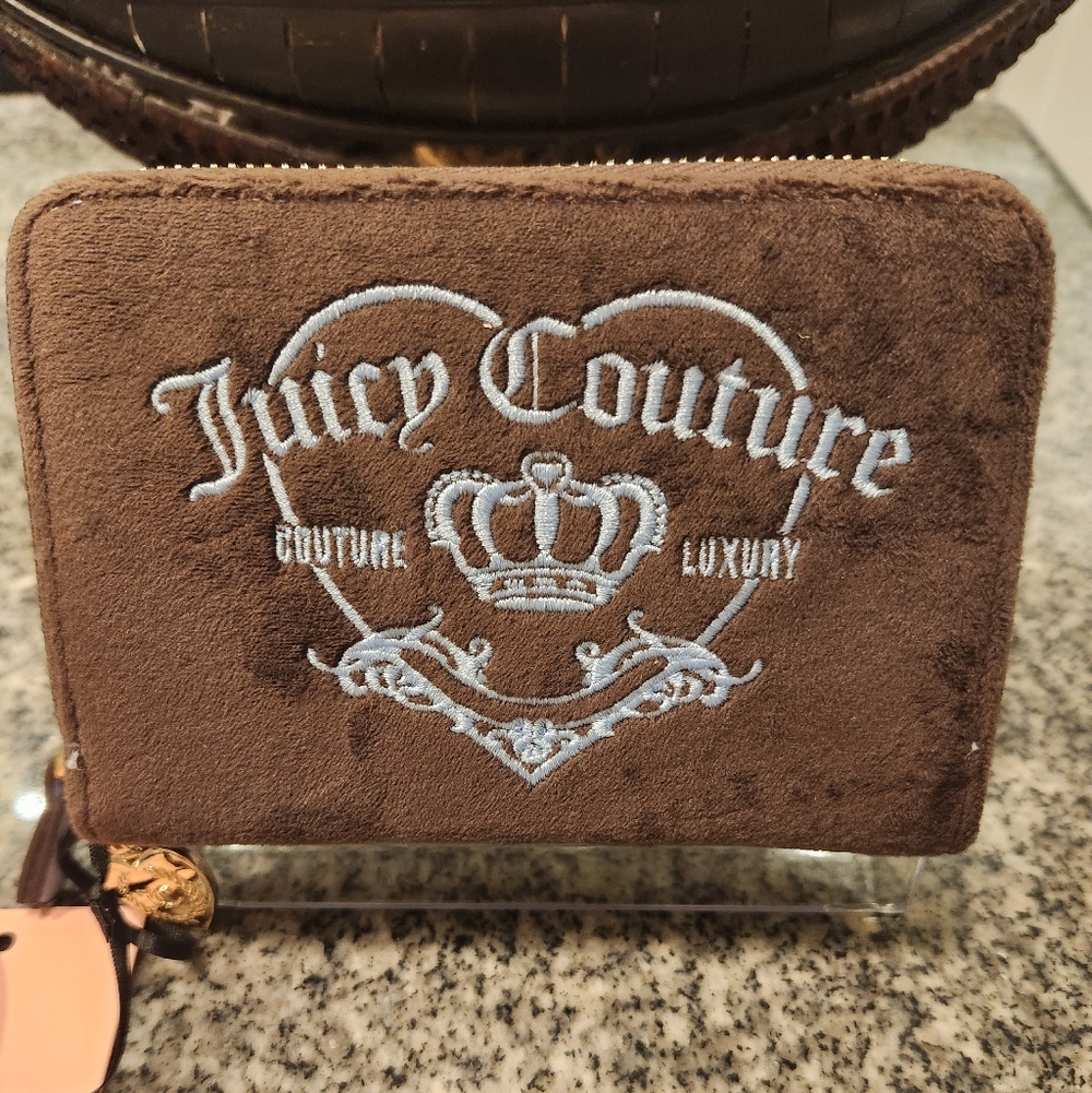 Juicy Couture Brown and Blue Velour Double Zip-Around Wallet